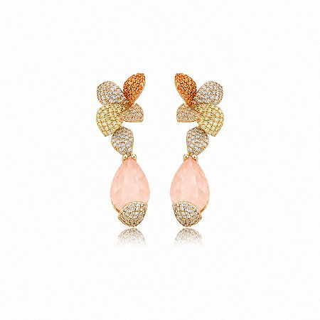 Brinco de Flor cravejado de zircônia com Pedra Fusion Morganita banho em ouro 18k