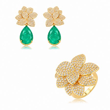 Conjunto de Brinco e Anel Flor cravejado com Pedra Fusion Banho em Ouro 18K