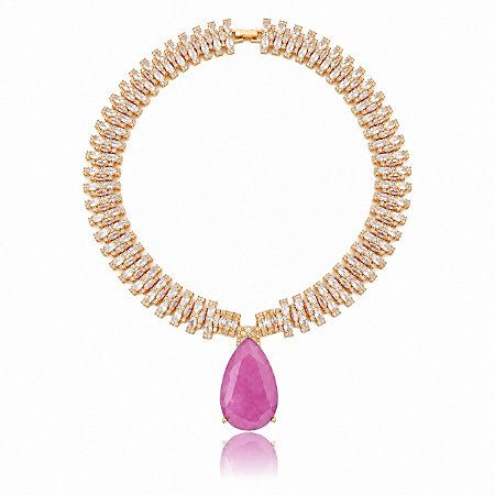 Colar Cravejado de zircônia e pingente em pedra Fusion Pink Banho em Ouro 18K