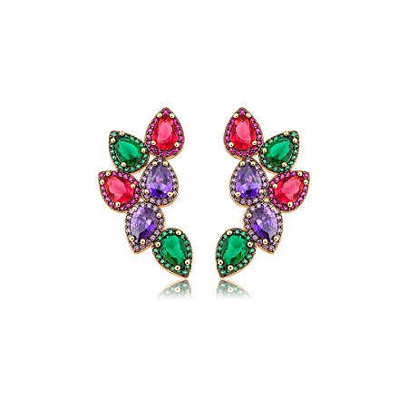 Brinco Gota cravejado em zircônia Colorida Banho em ouro 18k