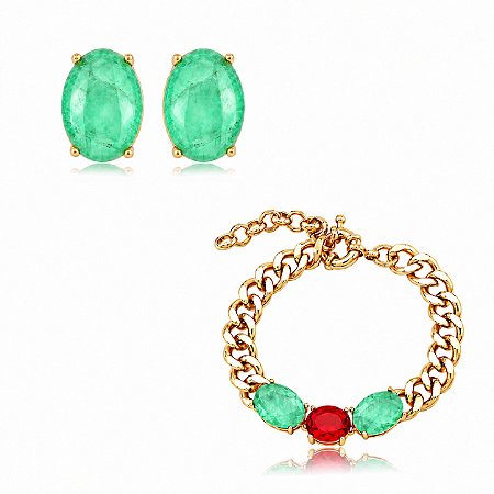 Conjunto de Brinco e Pulseira corrente com Pedra Fusion turmalina e Rubi Banho em Ouro 18K