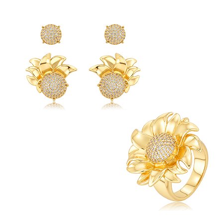 Conjunto de Brinco duplo e Anel Flor Liso com detalhe em Zircônia cristal Banho em Ouro 18K