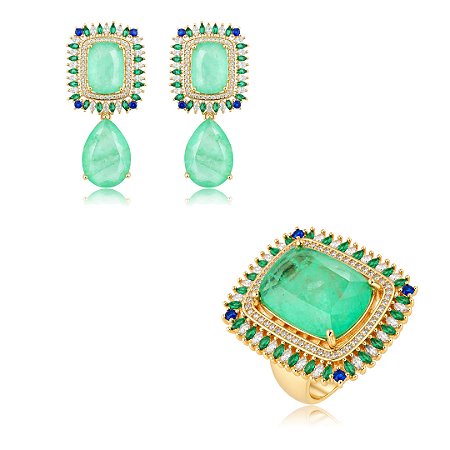 Conjunto de Brinco e Anel com Pedra Fusion turmalina e Zircônias Esmeralda Banho em Ouro 18K