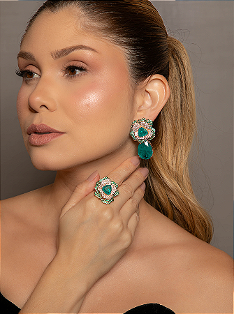 Conjunto Luxo de Brinco e Anel Flor com Pedra Fusion Turmalina Banho em Ouro 18K