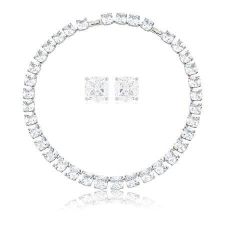 Conjunto de luxo de brinco e colar cravejado de zircônia cristal banho em ródio branco