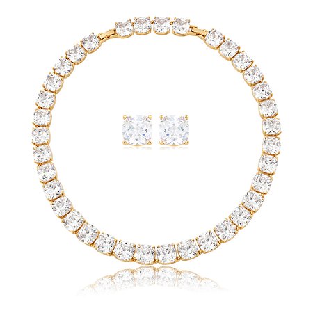 Conjunto de luxo de brinco e colar cravejado de zircônia cristal banho em ouro 18k