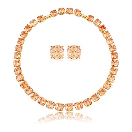 Conjunto de luxo de brinco e colar cravejado de zircônia champanhe banho em ouro 18k