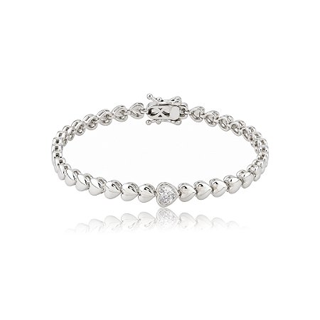 Pulseira de coração cravejada de zircônia cristal banho em ródio branco