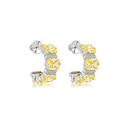 Brinco de argola cravejado de zircônia yellow fancy banho em ródio branco