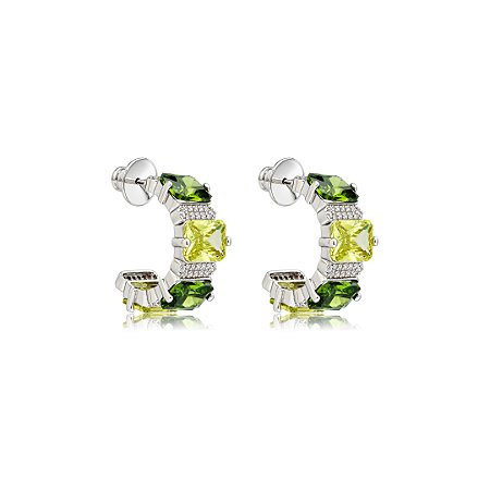 Brinco de argola cravejado de zircônia oliva banho em ródio branco