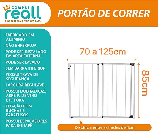 Portão de Segurança com Altura de 85cm e Largura Regulável de 70 a 125cm - Alumínio