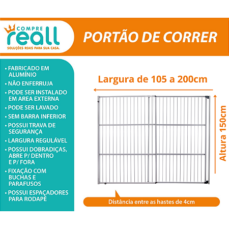 Portão de Segurança com Altura de 150cm e Largura Regulável de 105 a 200cm - Alumínio