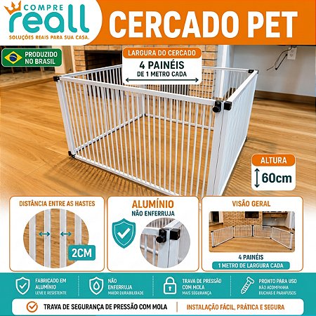 Cercado Pet Dobrável Alumínio 60cm 1x1m para Cães e Coelhos
