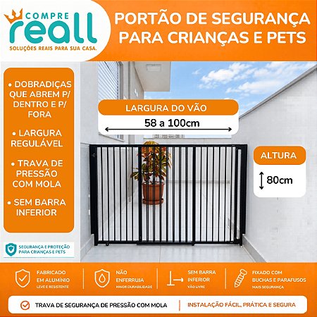 Portão de Segurança com Altura de 80cm e Largura Regulável de 58 a 100cm - Alumínio