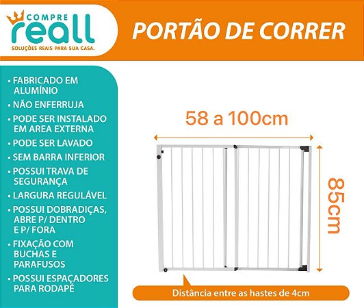 Portão de Segurança com Altura de 85cm e Largura Regulável de 58 a 100cm - Alumínio
