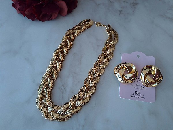 Conjunto Trançado Fio de Malha - Colar e Brinco