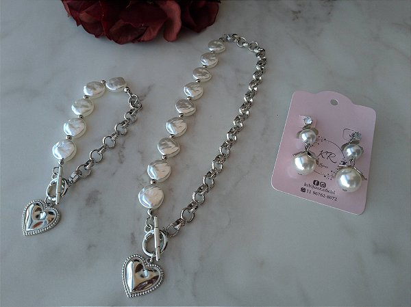 Conjunto Paloma Pérola - Colar - Brinco e Pulseira
