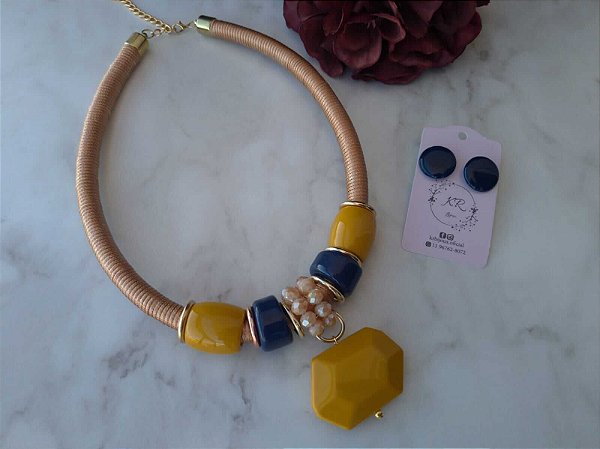 Conjunto Mostarda Resina - Colar e Brinco