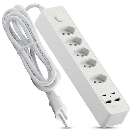Extensão Régua 5 Tomadas 2 USB E 2 Tipo-C Bivolt 2m