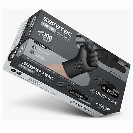 Luva Nitrílica Preta Premium Safetec Pro.tect Unigloves S/Pó Caixa Com 100