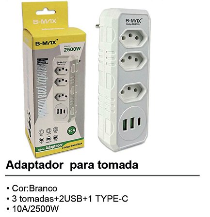Adaptador Para Tomata 3 Tomadas+2USB+1 TIPO-C B-MAX BM-8702A