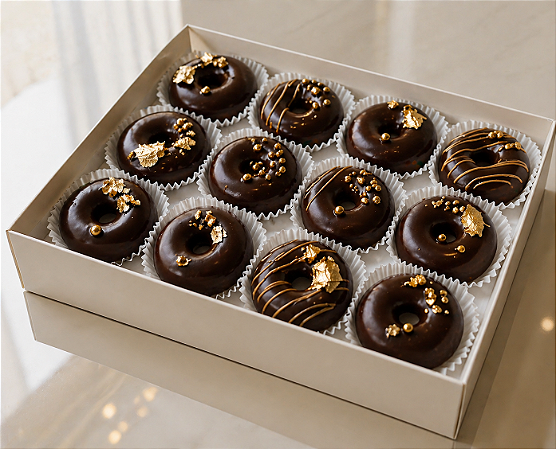 Noir Douré | Mini Donuts Gourmet com Ouro Comestível