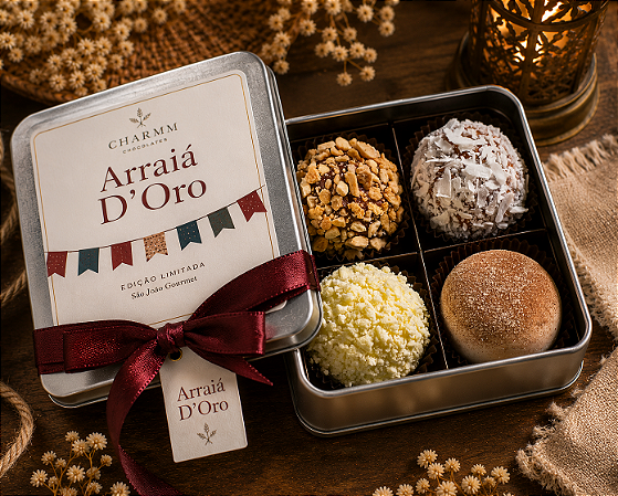 Charmm Chocolates – Latinha Arraiá D’Oro | Seleção Premium com 4 Brigadeiros Gourmet
