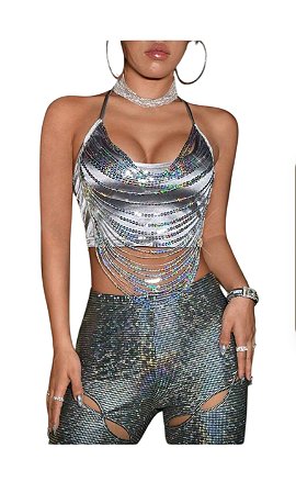 Cropped cetim prata com lantejoulas