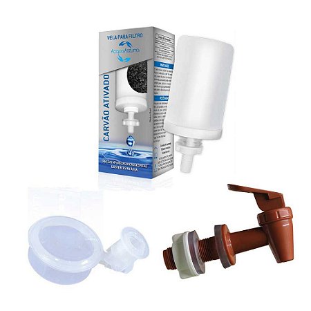 Kit Vela Refil Para Filtro Barro Carvão Ativado Acqua Azzurra Cerâmica + Torneira Alavanca Marrom + Boia Anti-transbordo