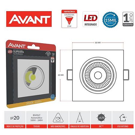 Spot led 5W Supimpa Avant Embutir Quadrado Branco Quente Bivolt Direcionável Bivolt 450 Lumens 6500 K - 1 Ano Garantia