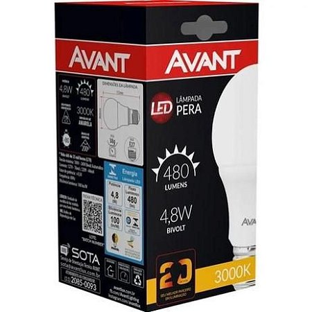 Lâmpada LED 4,8W Bulbo 450 lumens Avant Bivolt Econômica 3000K Branca Quente E27 (1 Ano de garantia)