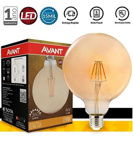 Lâmpada led Retrô Filamento Globo G125 4W Bivolt Âmbar 360lm E27 2200K - 1 Ano de Garantia