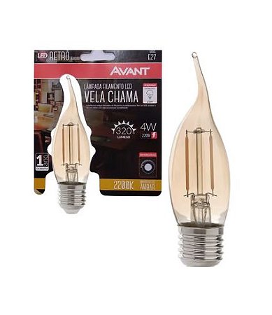 Lâmpada Vela Chama led Retrô Filamento 4w Dimerizável 220V 320lm 2200K Âmbar Avant E27 Vintage - 1 Ano de Garantia