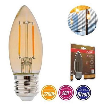 Lâmpada Vela led Retrô Filamento 2w 180lm 2200K Âmbar Bivolt Avant E27 Vintage - 1 Ano de Garantia