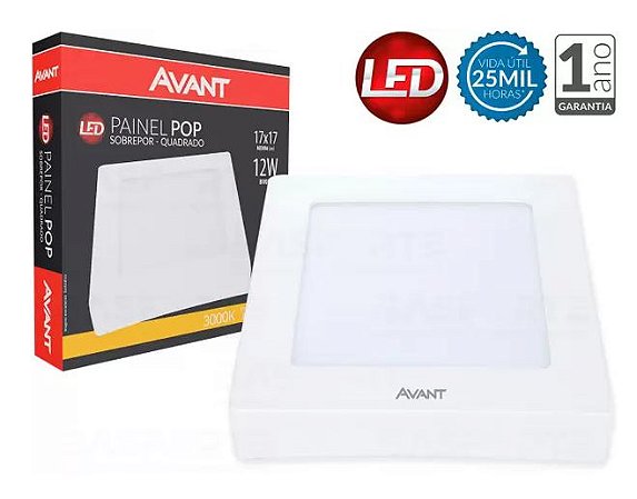 Painel led Sobrepor Quadrado Luminária Teto Plafon Pop Avant Bivolt 12w 17x17cm 720lm 3000k Branco Quente 1 Ano Garantia