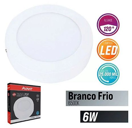 Painel led Sobrepor Redondo Luminária Teto Plafon Pop Avant Bivolt 6w 12x12cm 360lm 6500k Branco Frio - 1 Ano Garantia