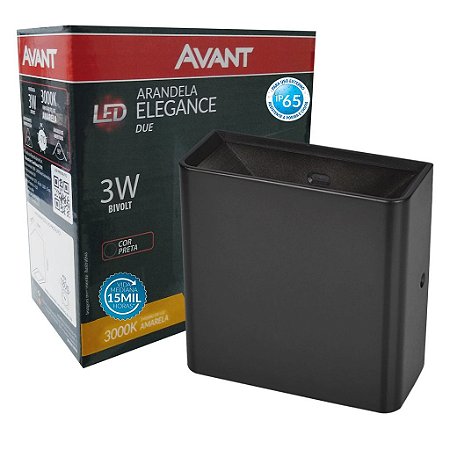 Arandela led integrado Elegance Due 3000k Externa Avant 3w Bivolt Preta IP65 Resistente a poeira e chuva 1 Ano Garantia
