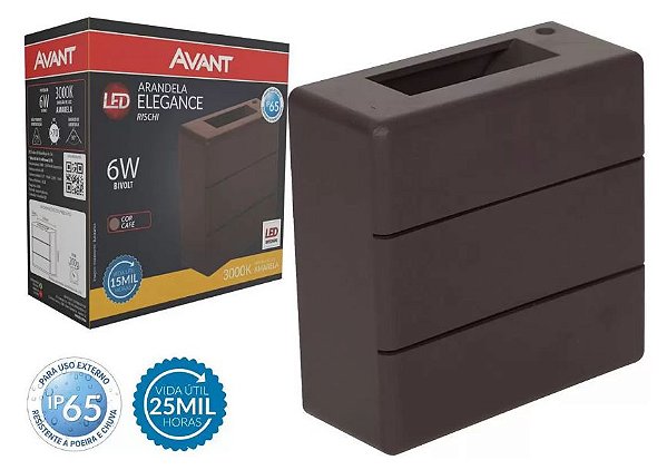 Arandela led integrado Elegance Rischi 3000k Externa Avant 6w Bivolt Café IP65 Resistente poeira e chuva 1 Ano Garantia
