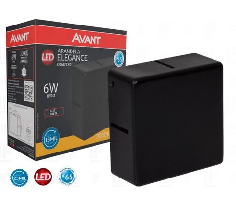 Arandela led integrado Elegance Quattro 3000k Externa Avant 6w Bivolt Preta IP65 Resistente poeira chuva 1 Ano Garantia
