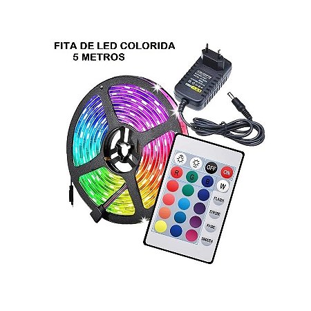 Fita Led Colorida RGB 3528 5 metros + Driver + Controle remoto + Fonte de alimentação 12V 5A