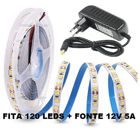 Fita led 120 leds 2835 5M 12V Branco Quente 3000K 12W/Metro + Fonte Alimentação 12V 5A Bivolt