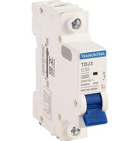 Disjuntor DIN Unipolar 32A Tramontina Monopolar TDJ3 1 polo Curva C 3kA IP20