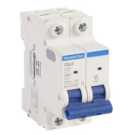 Disjuntor DIN Bipolar 32A Tramontina TDJ3 2 polos Curva C 3kA IP20