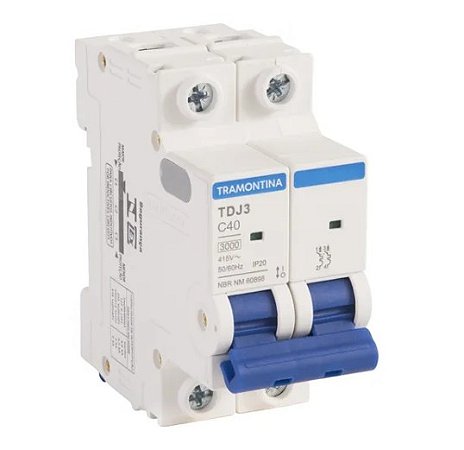 Disjuntor DIN Bipolar 40A Tramontina TDJ3 2 polos Curva C 3kA IP20