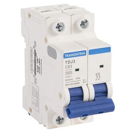 Disjuntor DIN Bipolar 63A Tramontina TDJ3 2 polos Curva C 3kA IP20