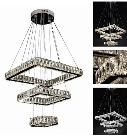 Luminária Pendente Lustre Cristal 3 Quadrados Com Controle Bivolt 3 tons de cor Frio 6500K/ Neutro 4000K/ Quente 3000K