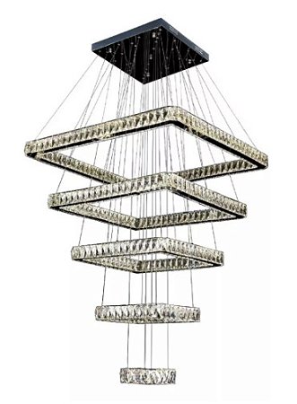 Luminária Pendente Lustre Cristal 5 Quadrados Com Controle Bivolt 3 tons Branco Frio 6500KK/ Neutro 4000K/ Quente 3000K