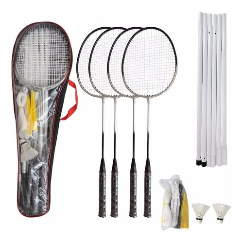 Kit Badminton Pro 4 Raquetes 2 Petecas C/ Rede E Suporte
