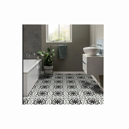 Adesivo Para Piso Antiderrapante Lavável  Ladrilho Preto e Off White