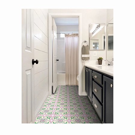 Adesivo Para Piso Antiderrapante Lavável floral rosa e verde